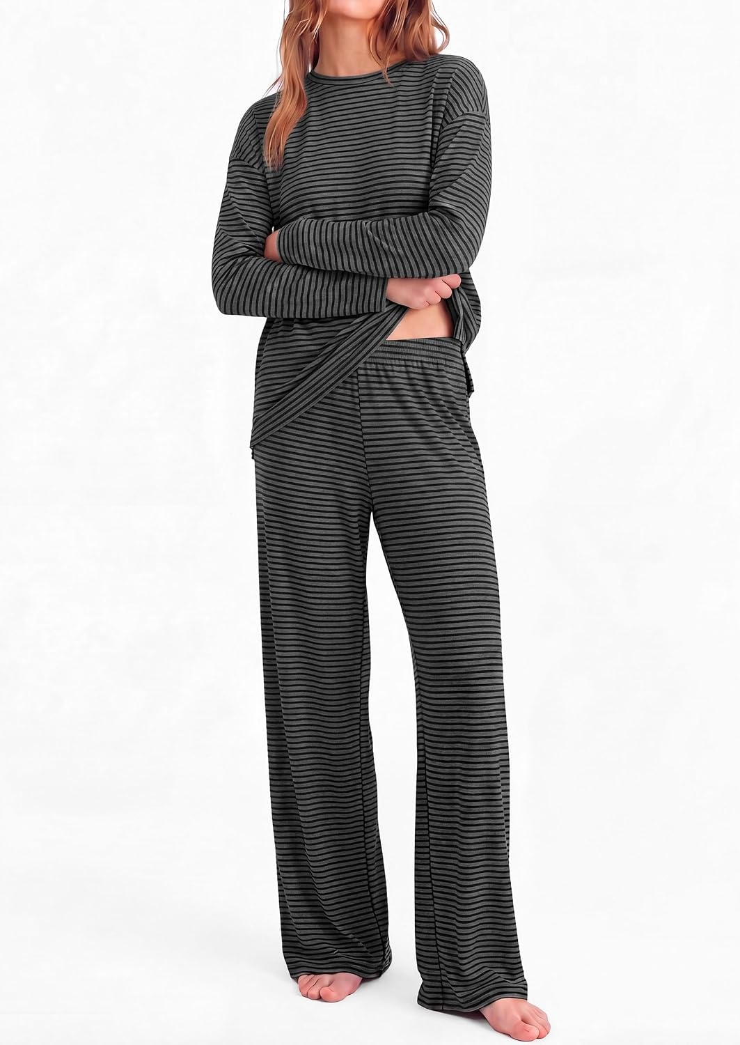 image:imagePRETTYGARDEN Womens Striped Lounge Set Fall Winter 2 Piece SetsStriped Dark Grey Black