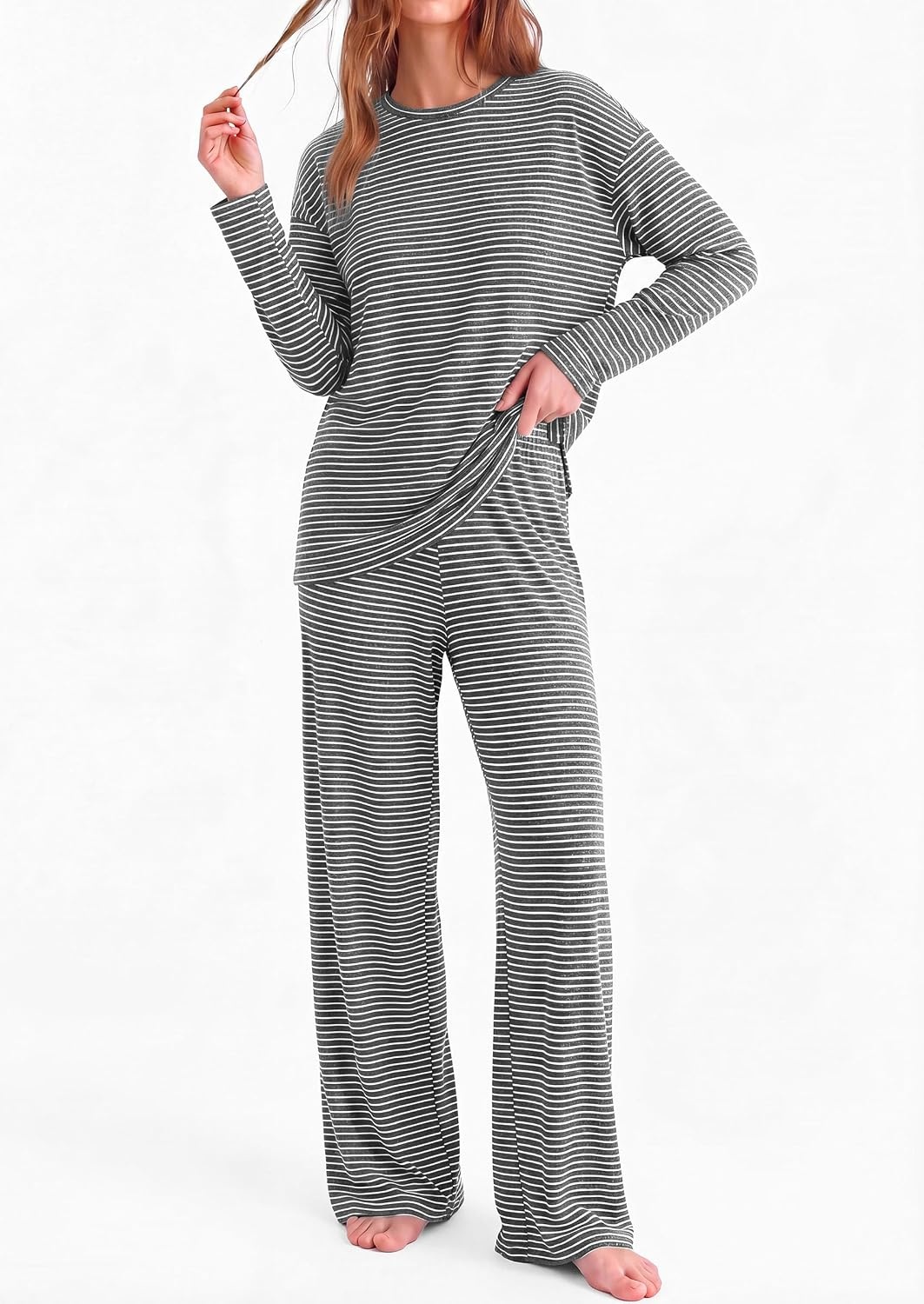 image:imagePRETTYGARDEN Womens Striped Lounge Set Fall Winter 2 Piece SetsStriped Dark Grey White