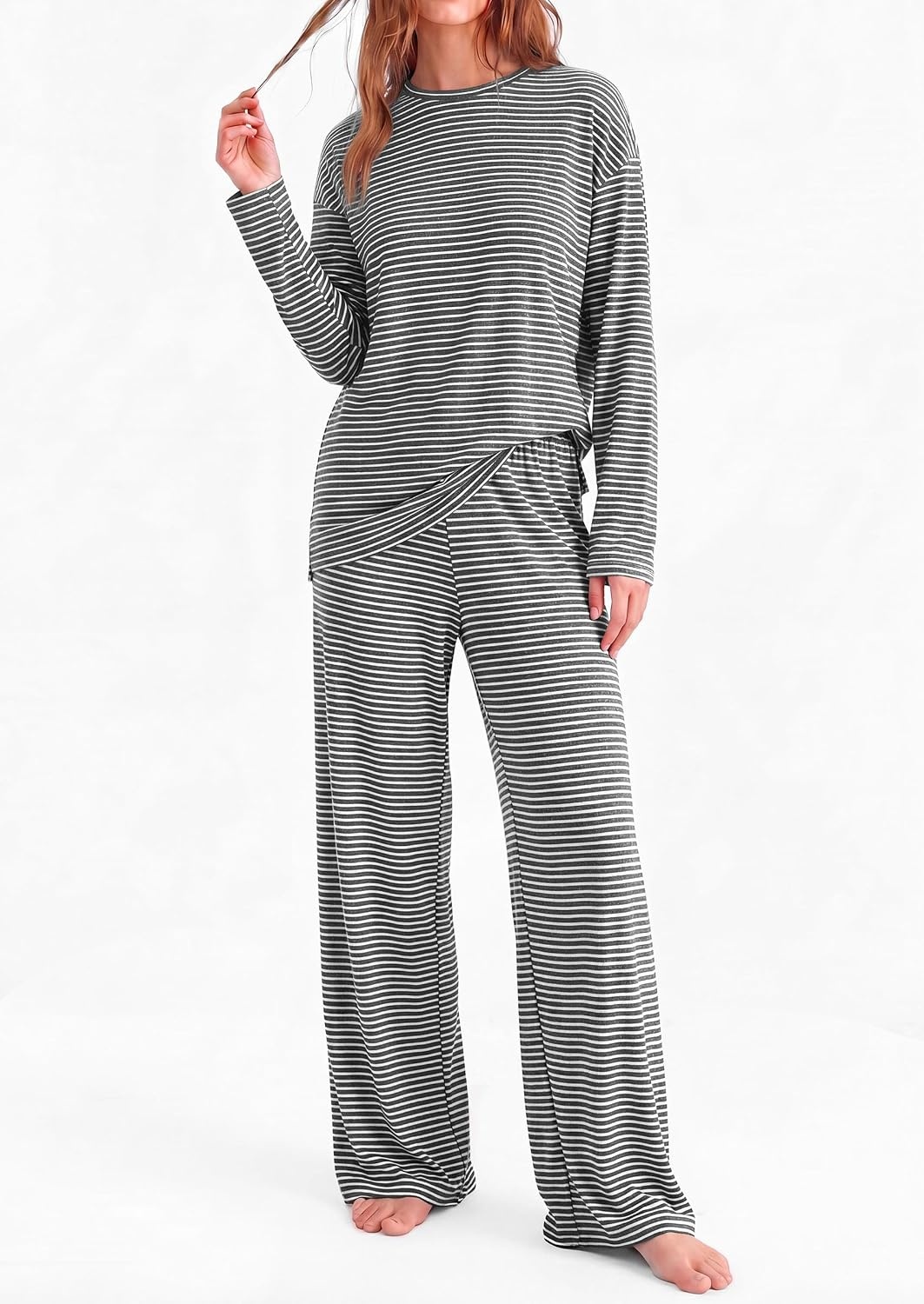 image:imagePRETTYGARDEN Womens Striped Lounge Set Fall Winter 2 Piece SetsStriped Dark Grey White