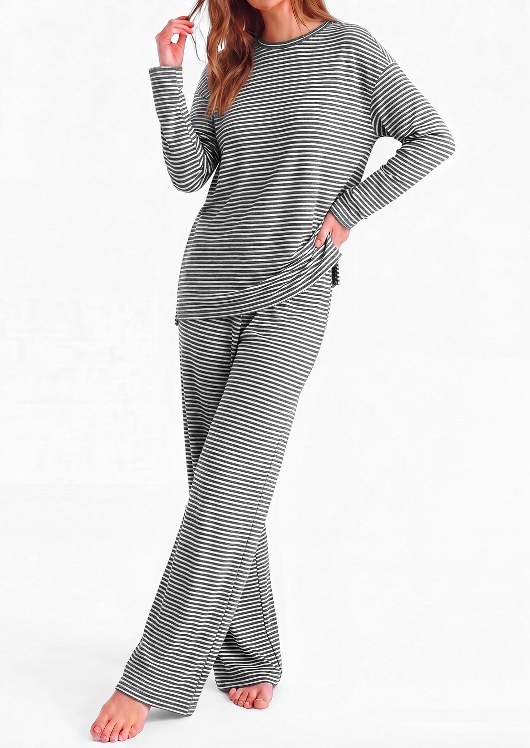 image:imagePRETTYGARDEN Womens Striped Lounge Set Fall Winter 2 Piece SetsStriped Dark Grey White