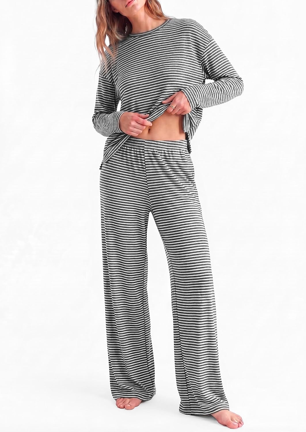 image:imagePRETTYGARDEN Womens Striped Lounge Set Fall Winter 2 Piece SetsStriped Dark Grey White