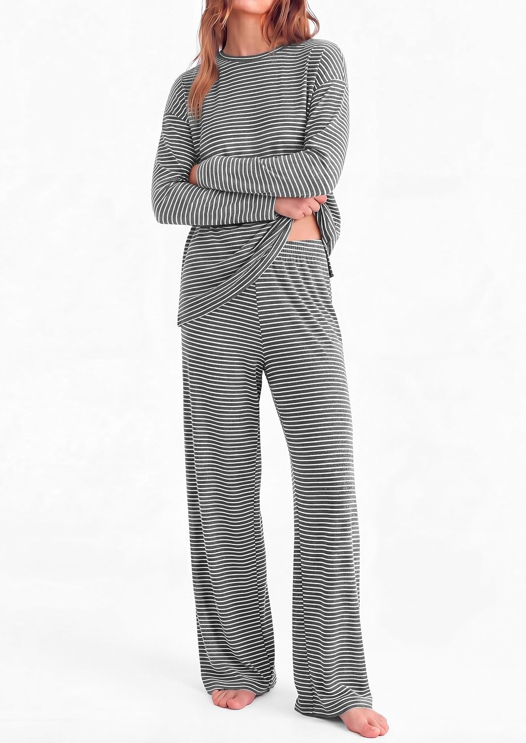 image:imagePRETTYGARDEN Womens Striped Lounge Set Fall Winter 2 Piece SetsStriped Dark Grey White