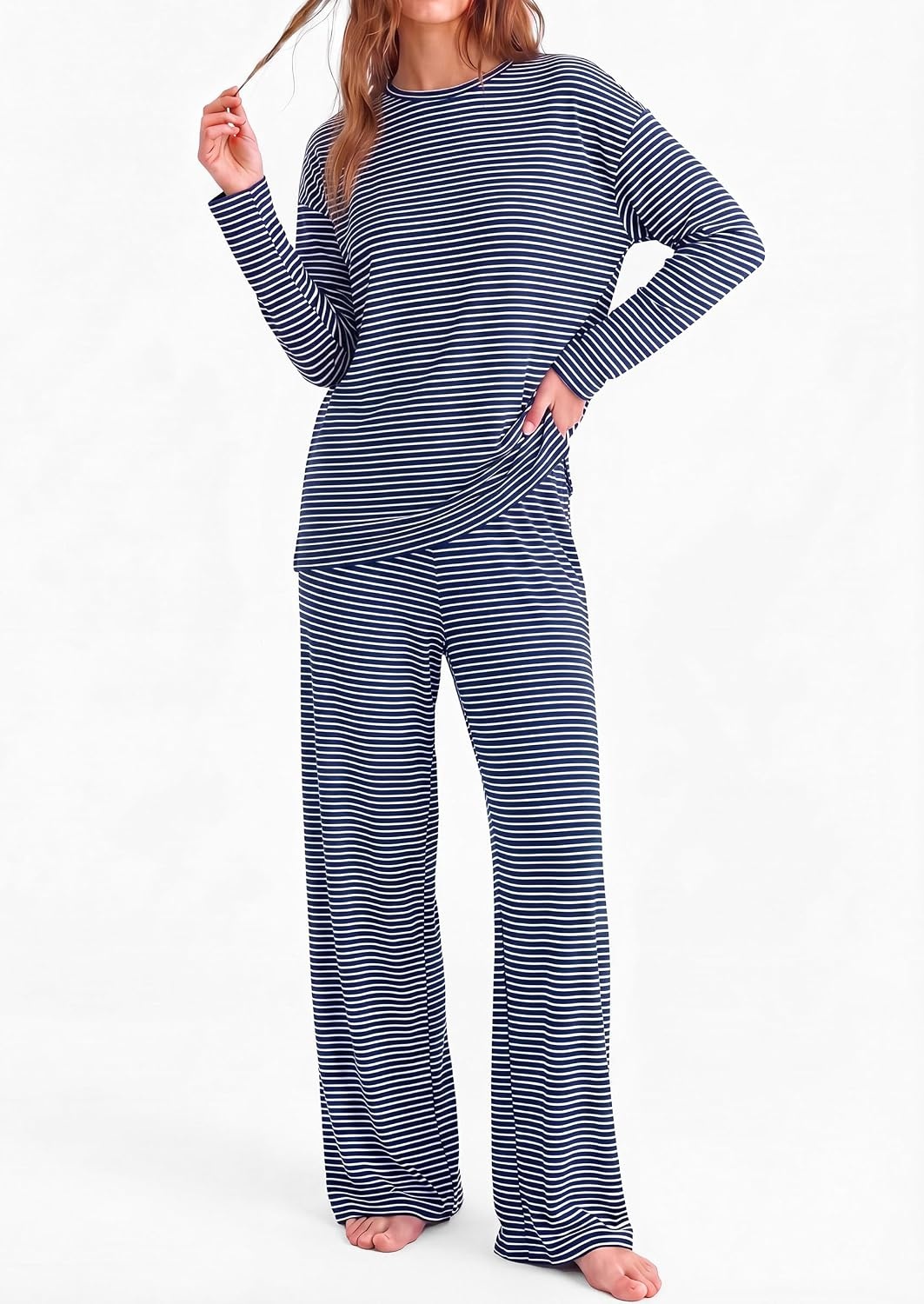 image:imagePRETTYGARDEN Womens Striped Lounge Set Fall Winter 2 Piece SetsStriped Navy White