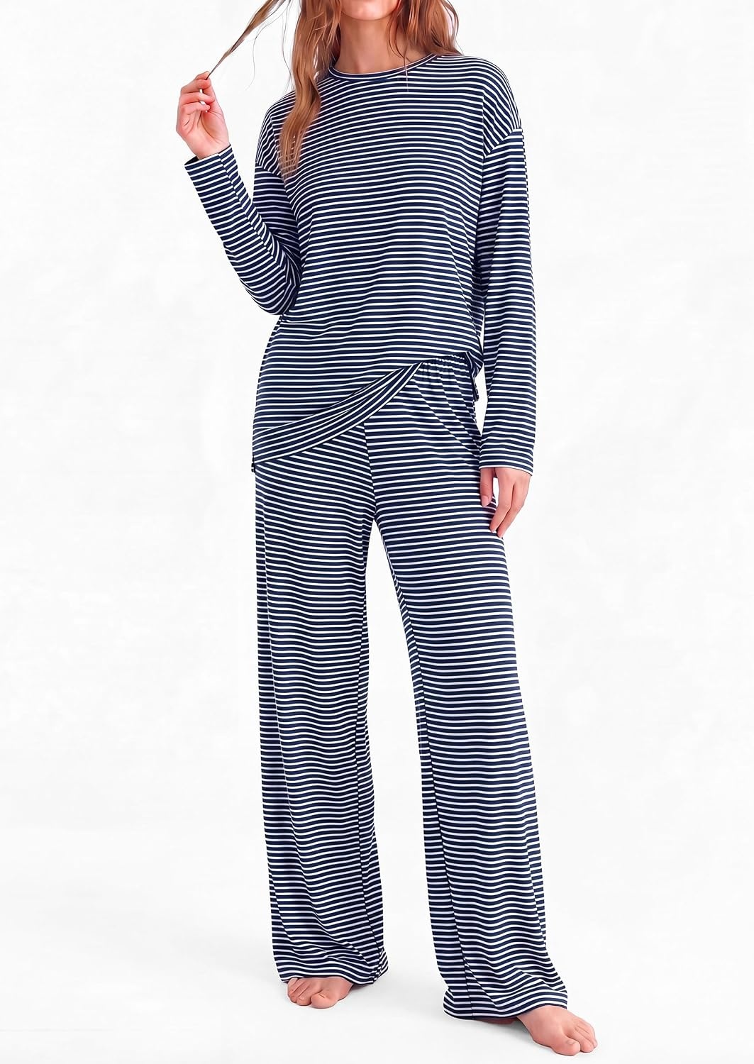 image:imagePRETTYGARDEN Womens Striped Lounge Set Fall Winter 2 Piece SetsStriped Navy White