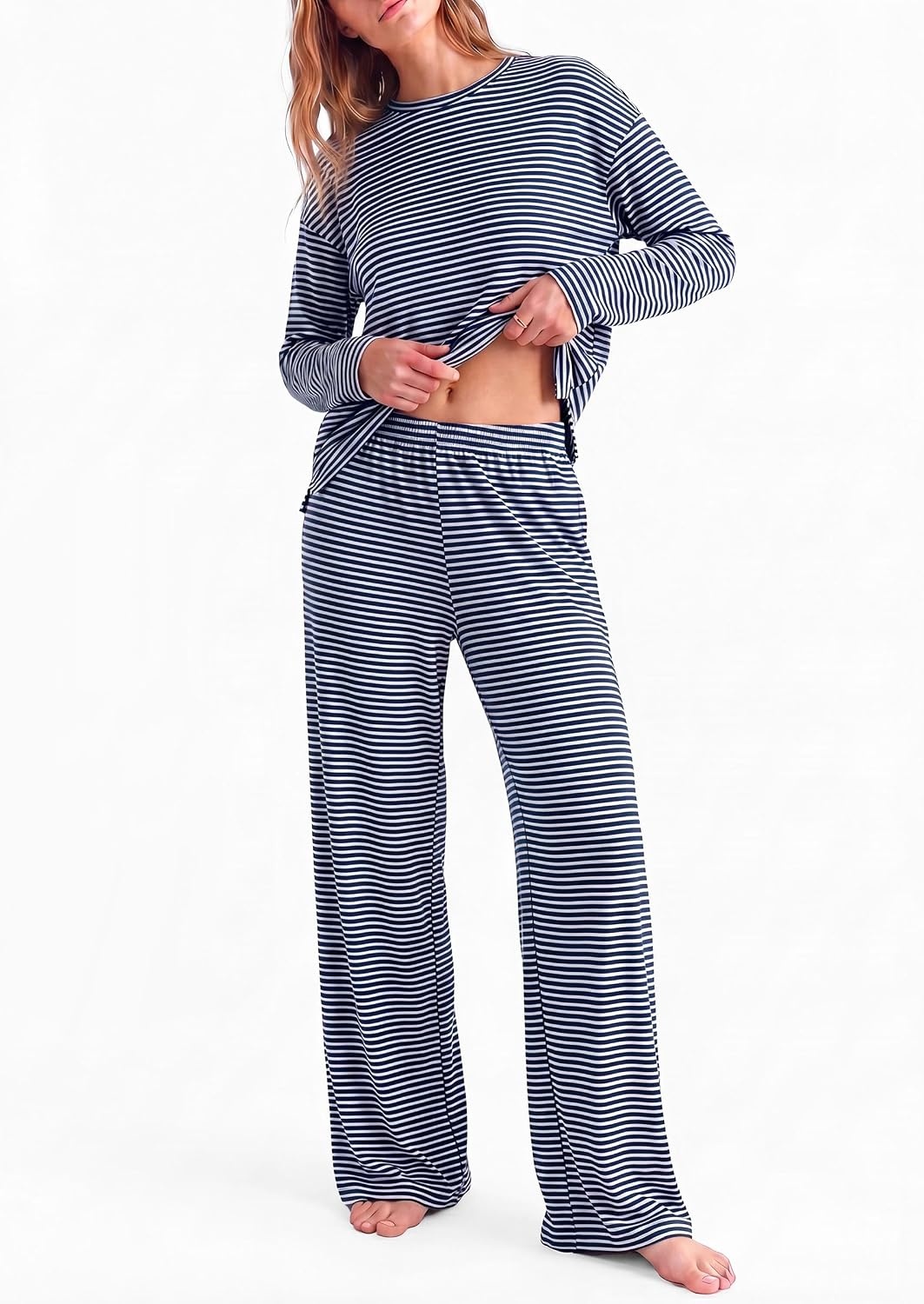 image:imagePRETTYGARDEN Womens Striped Lounge Set Fall Winter 2 Piece SetsStriped Navy White