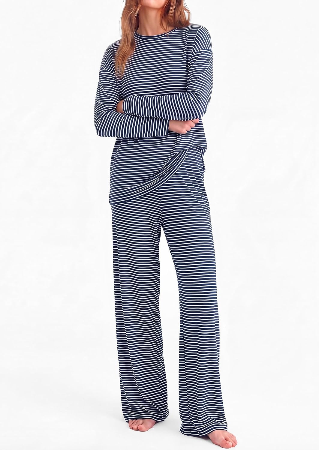 image:imagePRETTYGARDEN Womens Striped Lounge Set Fall Winter 2 Piece SetsStriped Navy White