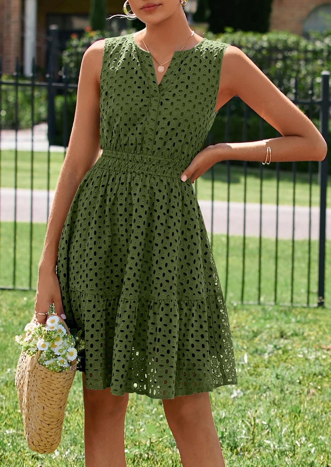 image:imagePRETTYGARDEN Womens Summer Eyelet A Line Short DressesArmy Green