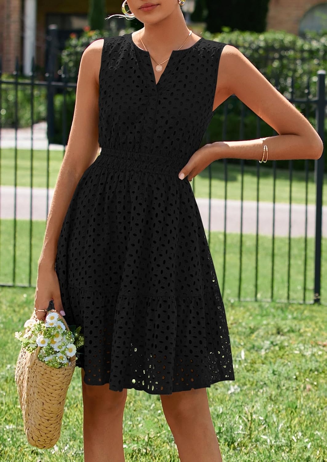 image:imagePRETTYGARDEN Womens Summer Eyelet A Line Short DressesBlack