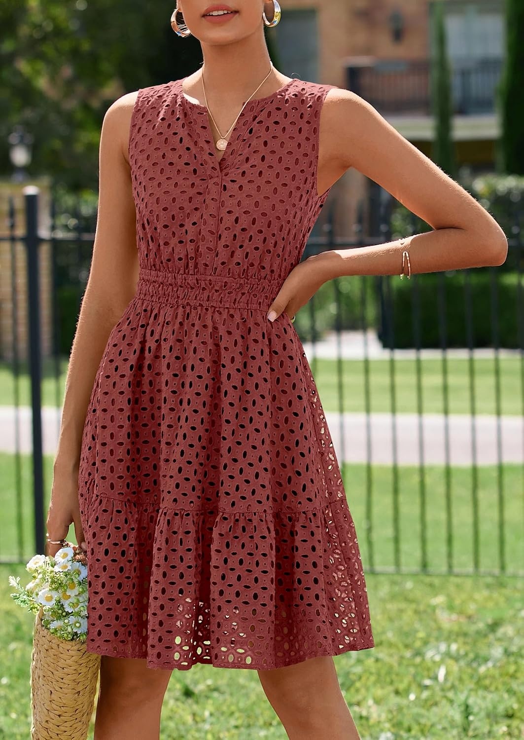 image:imagePRETTYGARDEN Womens Summer Eyelet A Line Short DressesBrown