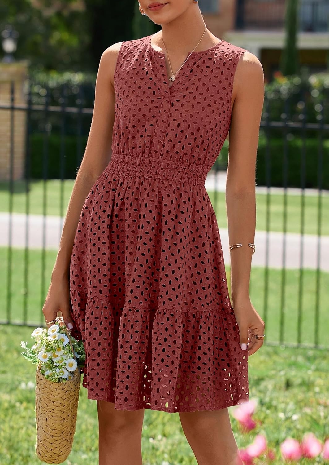 image:imagePRETTYGARDEN Womens Summer Eyelet A Line Short DressesBrown