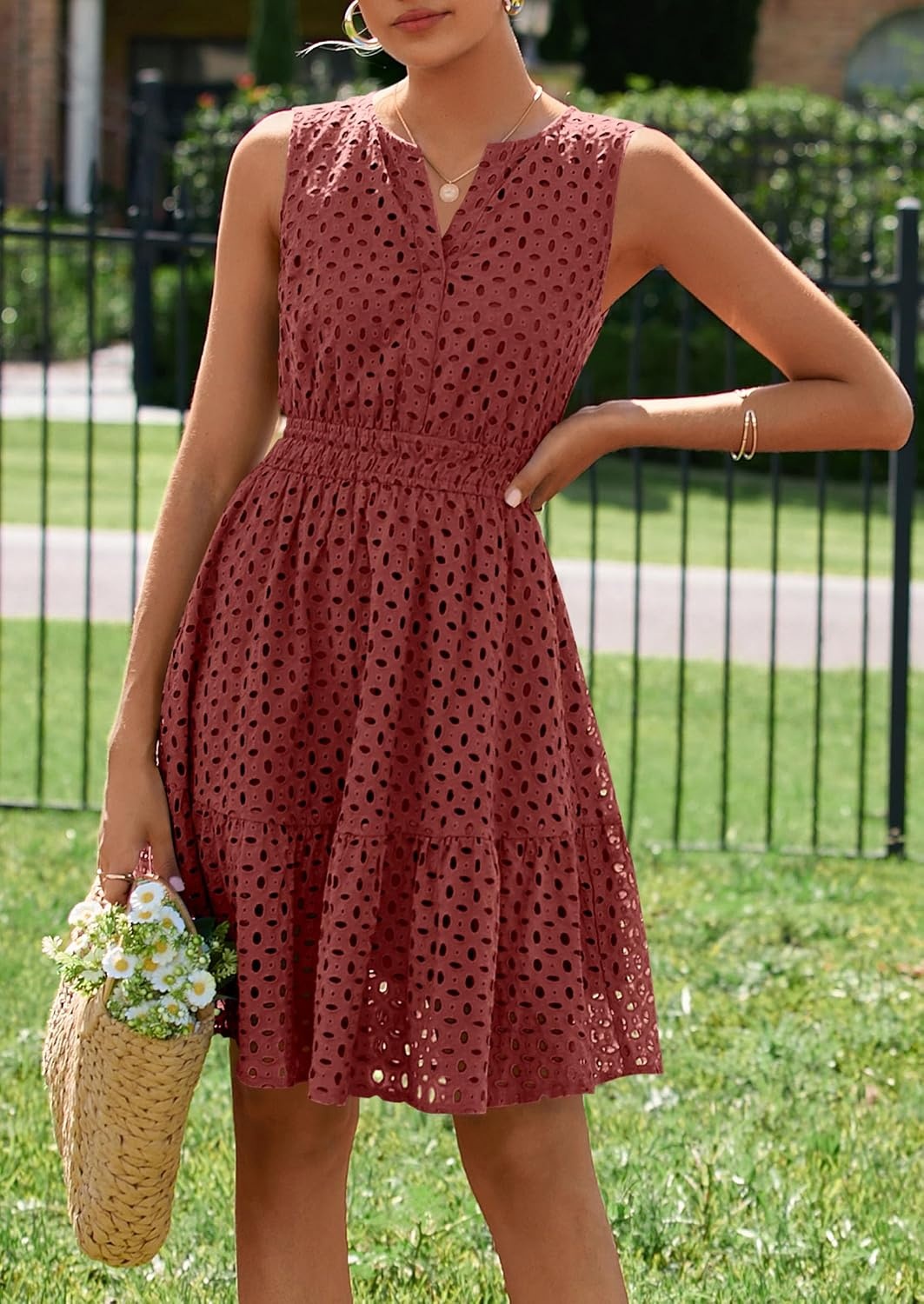 image:imagePRETTYGARDEN Womens Summer Eyelet A Line Short DressesBrown