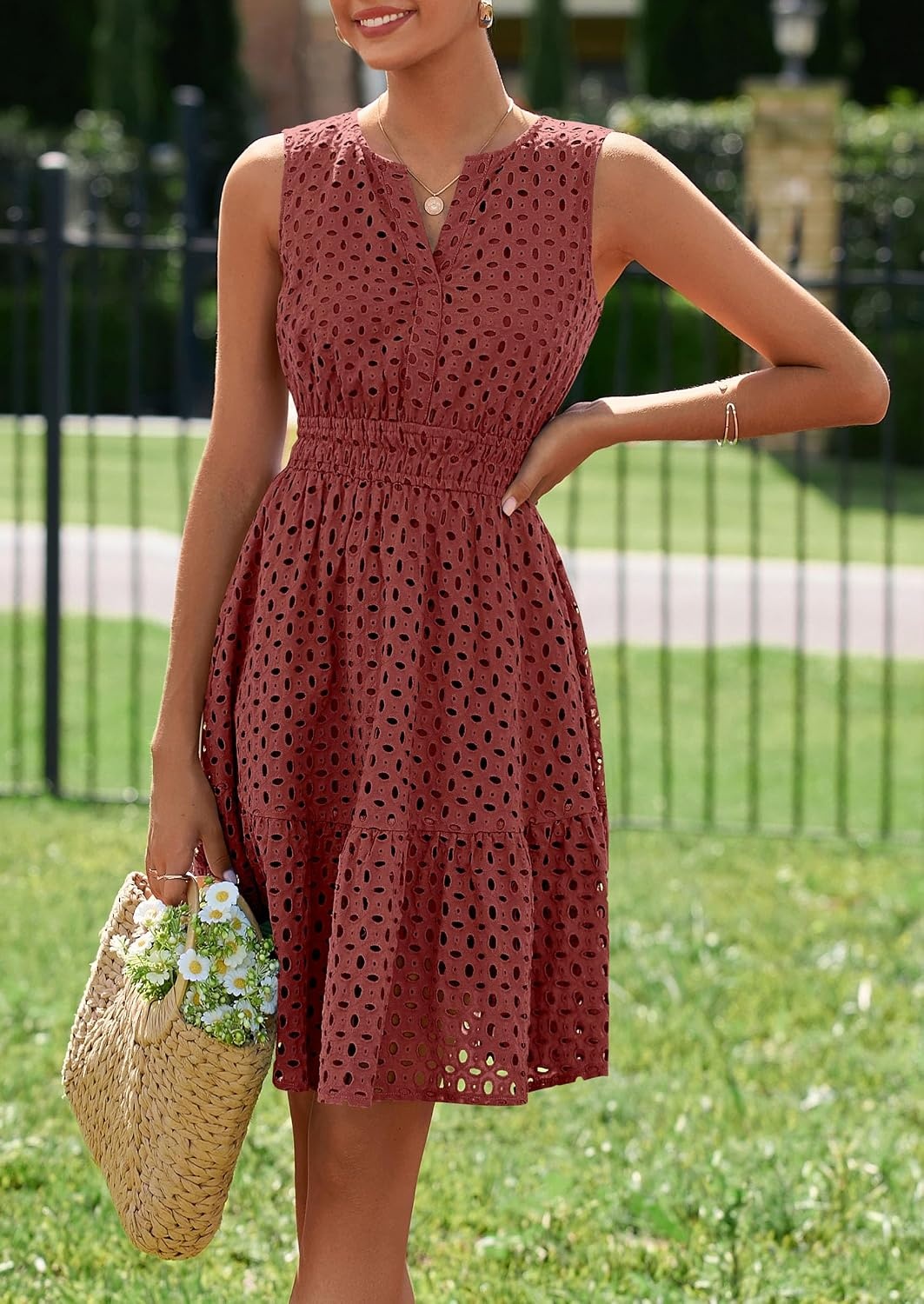 image:imagePRETTYGARDEN Womens Summer Eyelet A Line Short DressesBrown