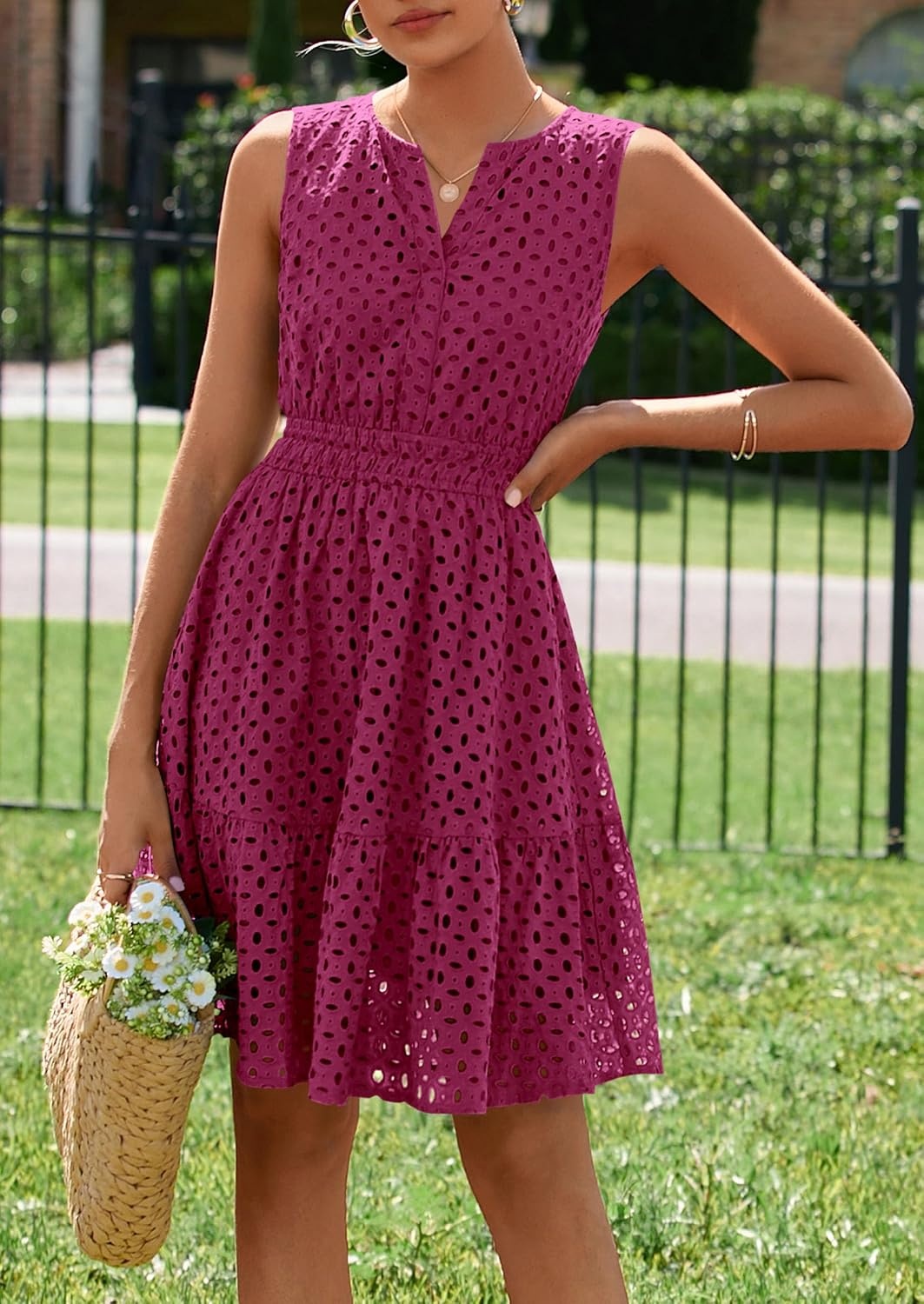 image:imagePRETTYGARDEN Womens Summer Eyelet A Line Short DressesBurgundy