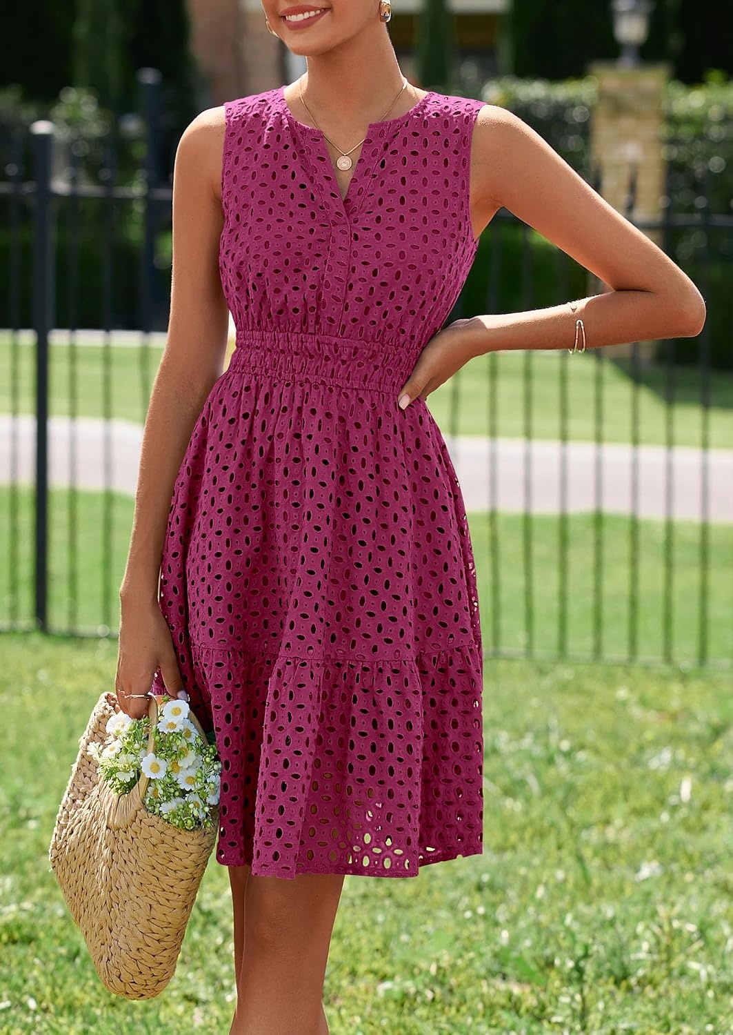 image:imagePRETTYGARDEN Womens Summer Eyelet A Line Short DressesBurgundy