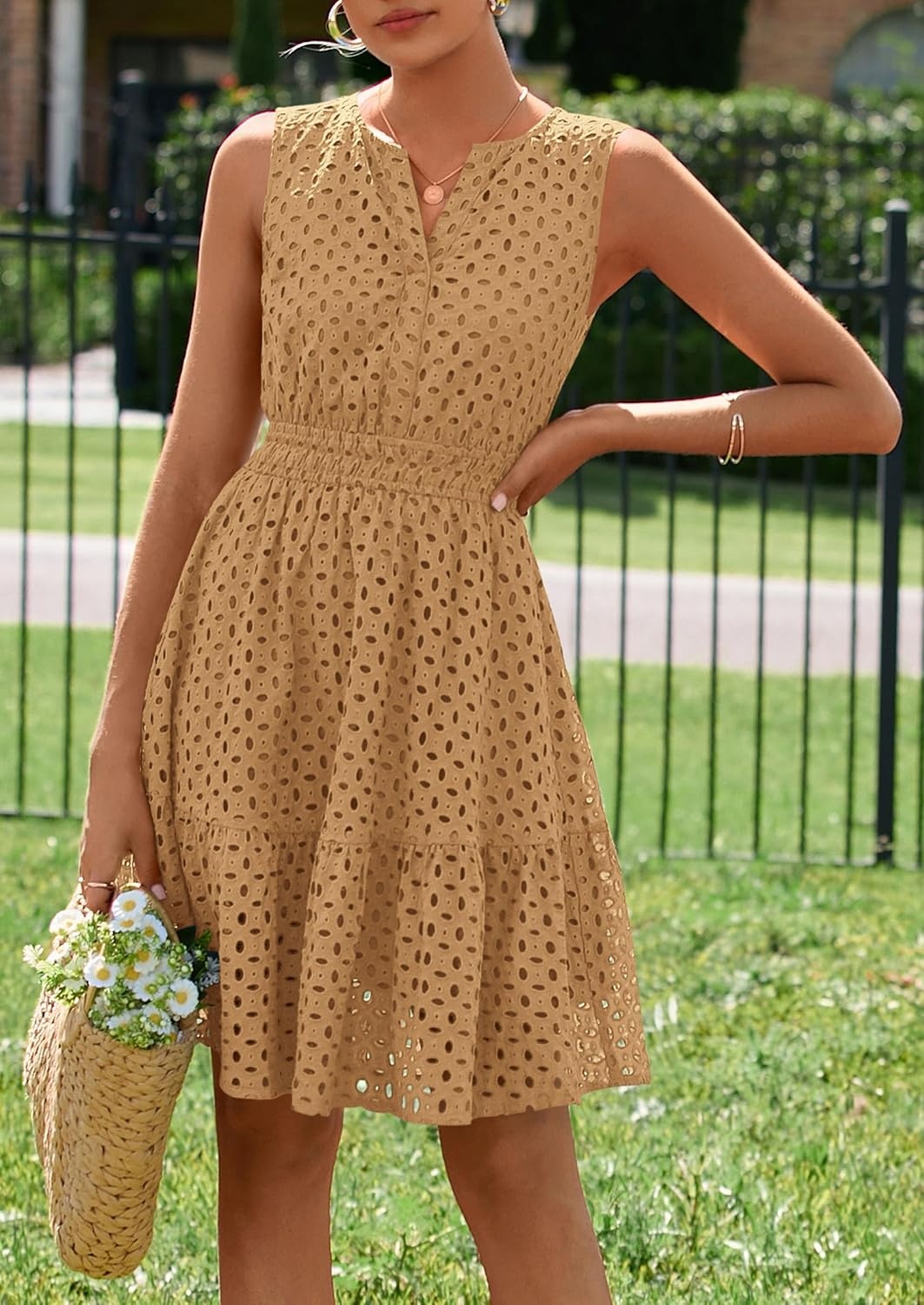 image:imagePRETTYGARDEN Womens Summer Eyelet A Line Short DressesKhaki