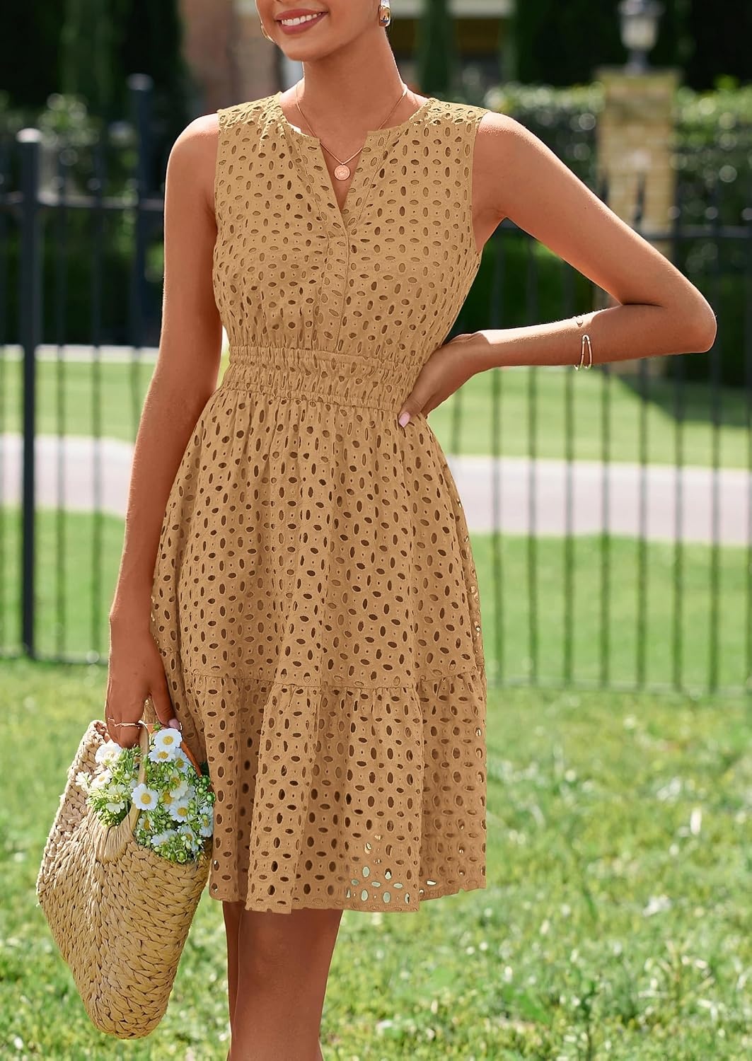 image:imagePRETTYGARDEN Womens Summer Eyelet A Line Short DressesKhaki