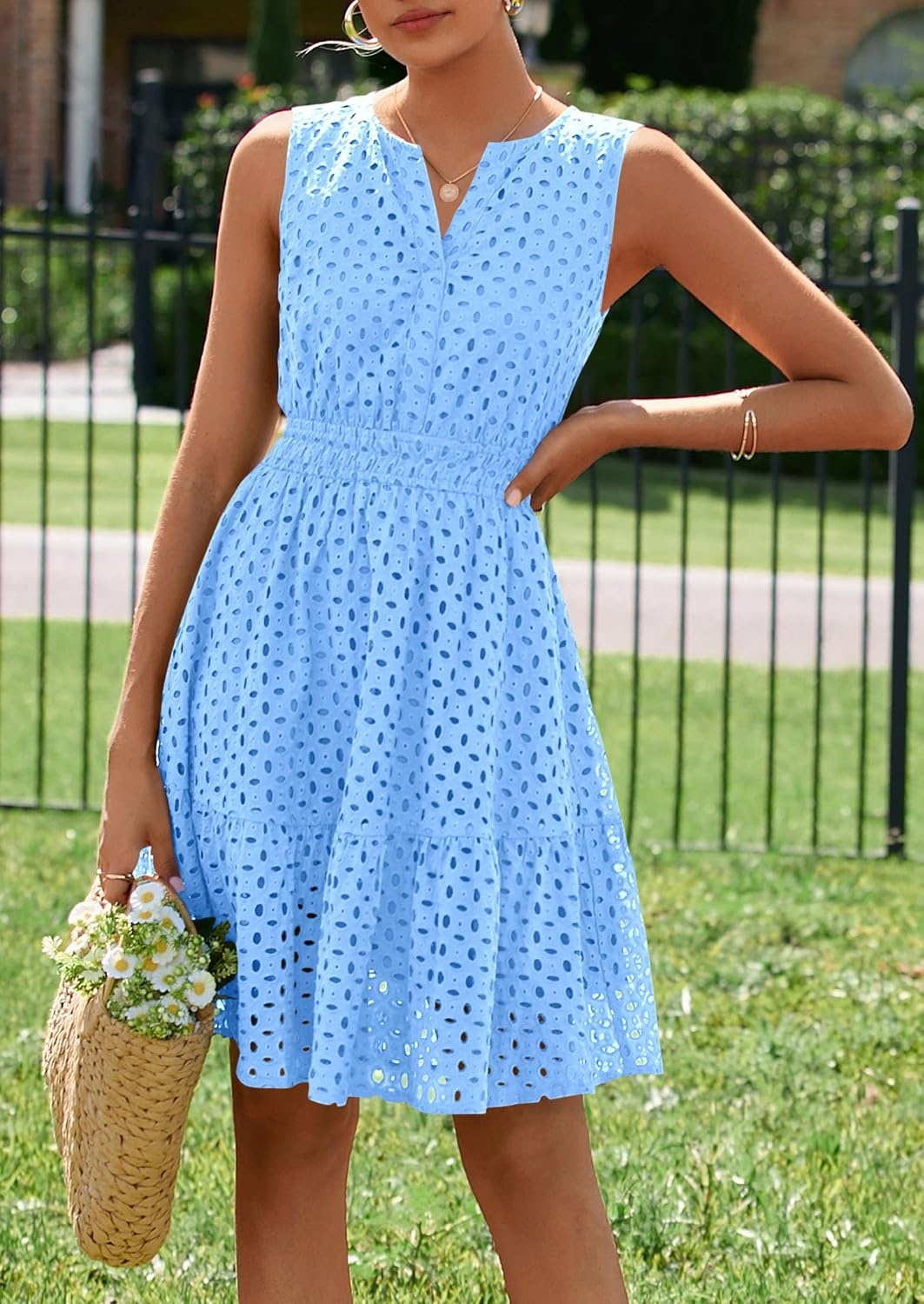 image:imagePRETTYGARDEN Womens Summer Eyelet A Line Short DressesLight Blue