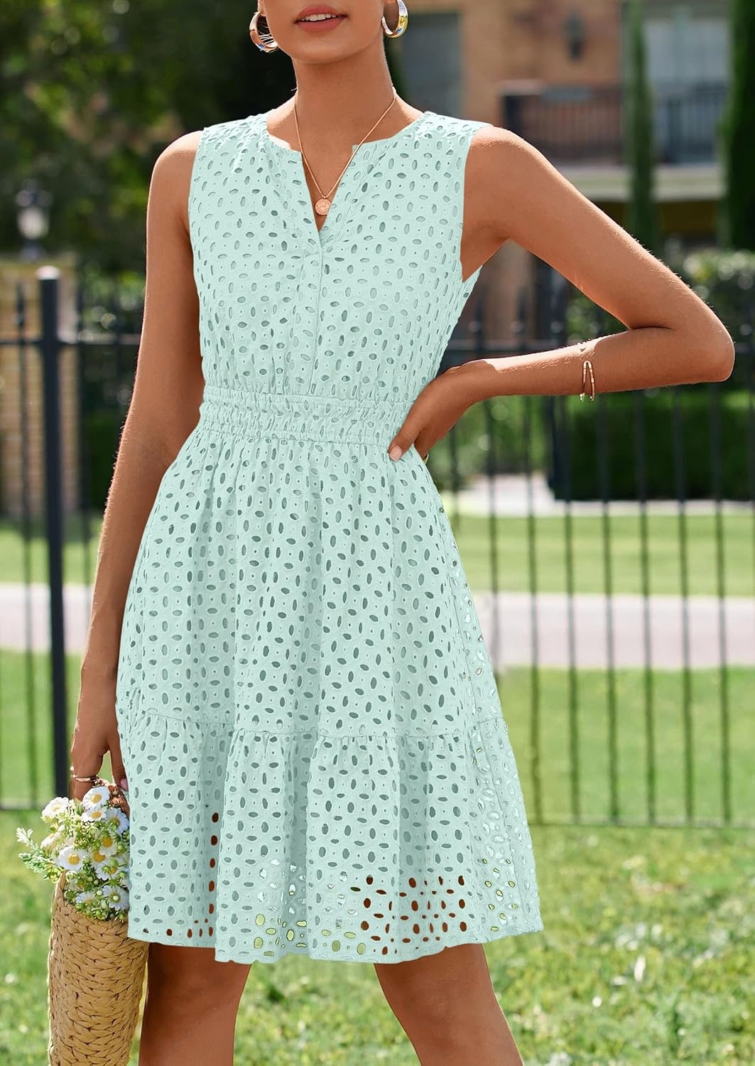 image:imagePRETTYGARDEN Womens Summer Eyelet A Line Short DressesLight Green