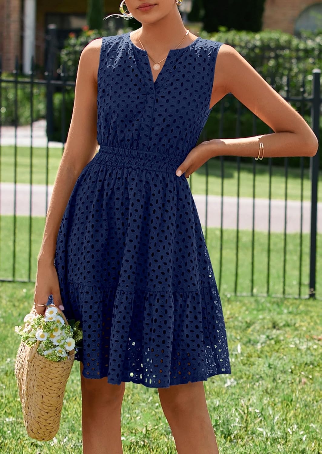 image:imagePRETTYGARDEN Womens Summer Eyelet A Line Short DressesNavy