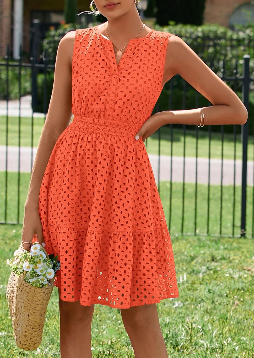 image:imagePRETTYGARDEN Womens Summer Eyelet A Line Short DressesOrange