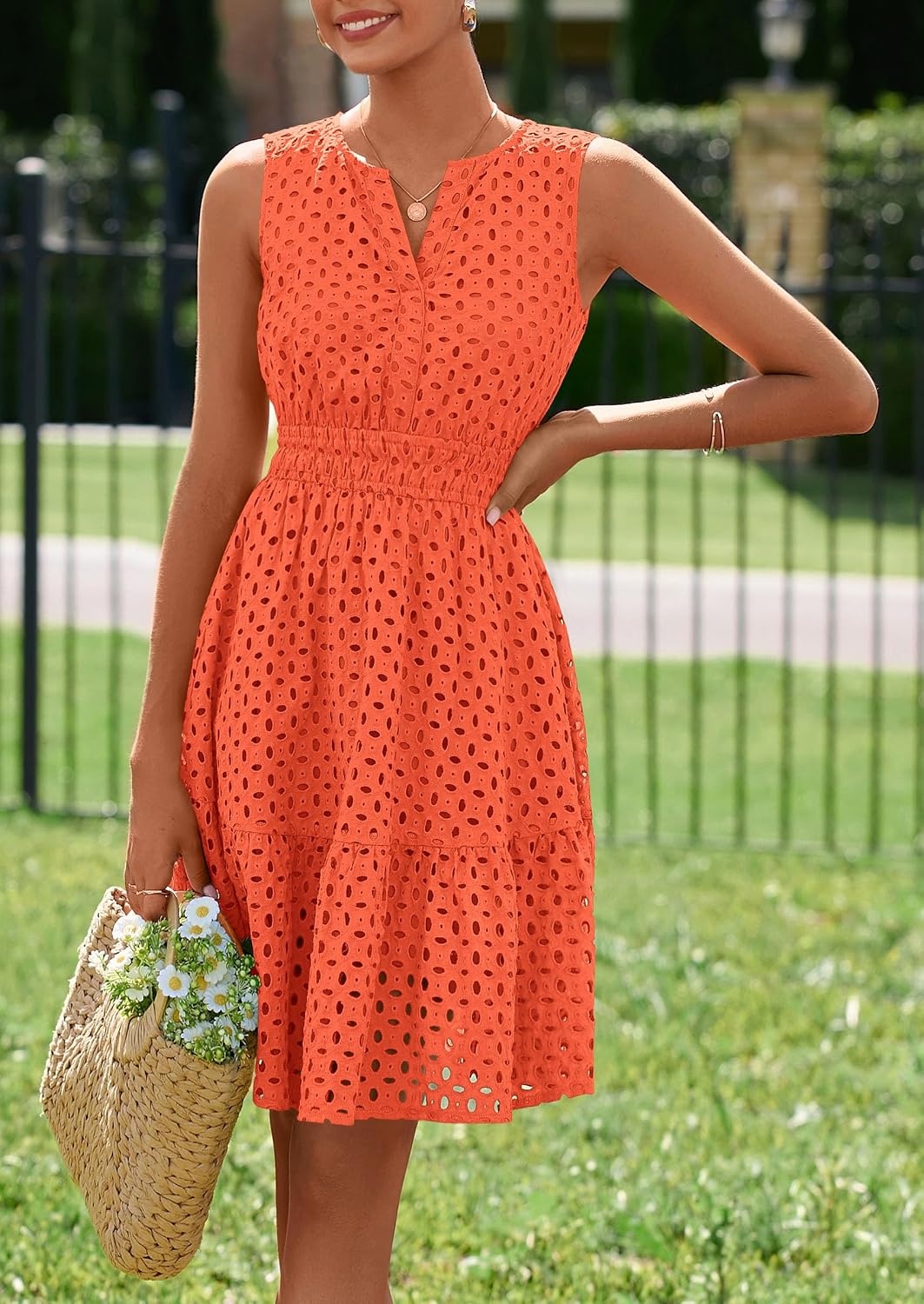 image:imagePRETTYGARDEN Womens Summer Eyelet A Line Short DressesOrange