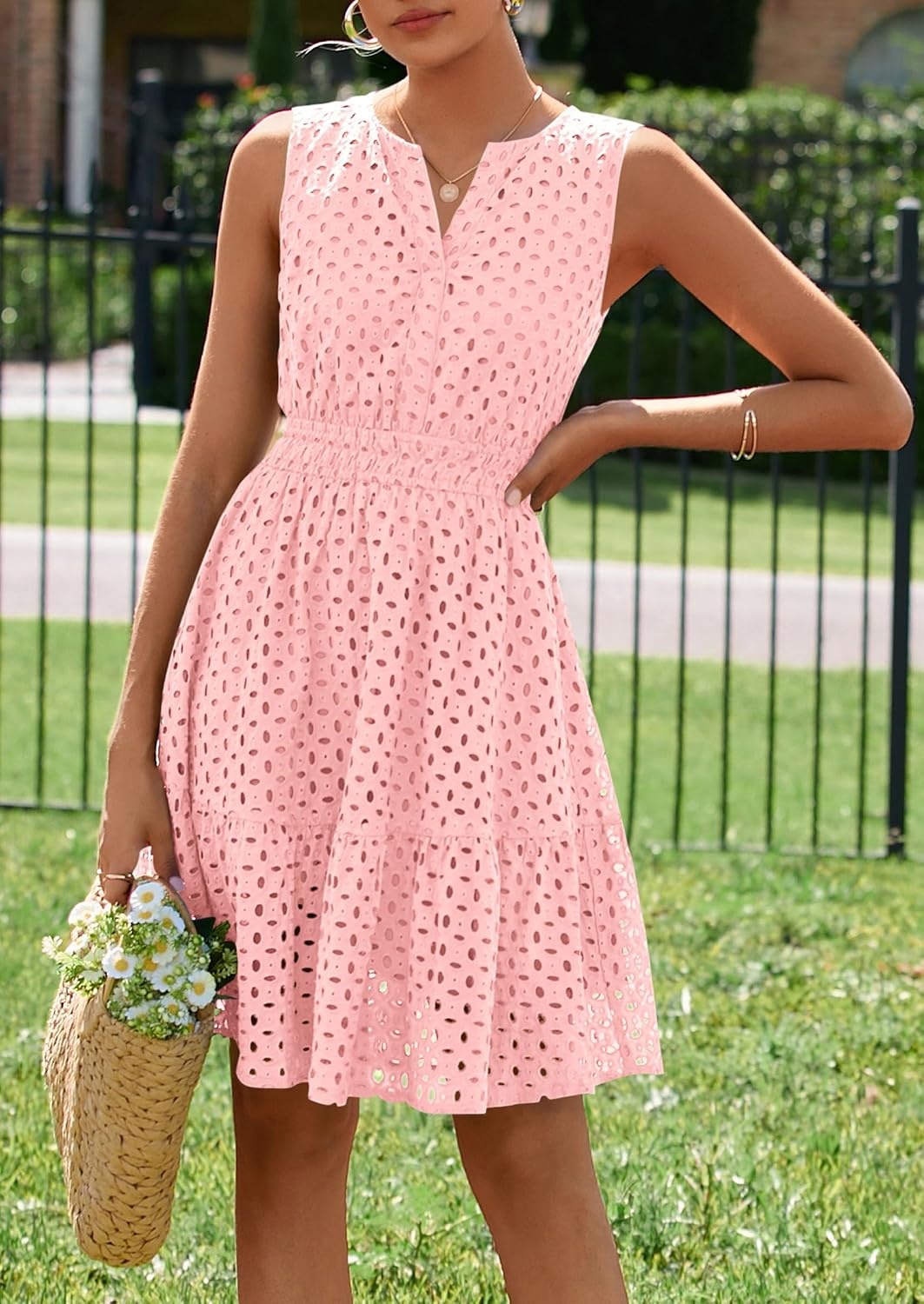 image:imagePRETTYGARDEN Womens Summer Eyelet A Line Short DressesPink