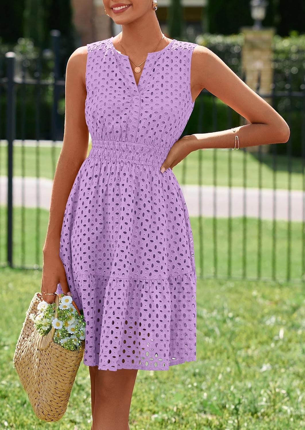 image:imagePRETTYGARDEN Womens Summer Eyelet A Line Short DressesPurple