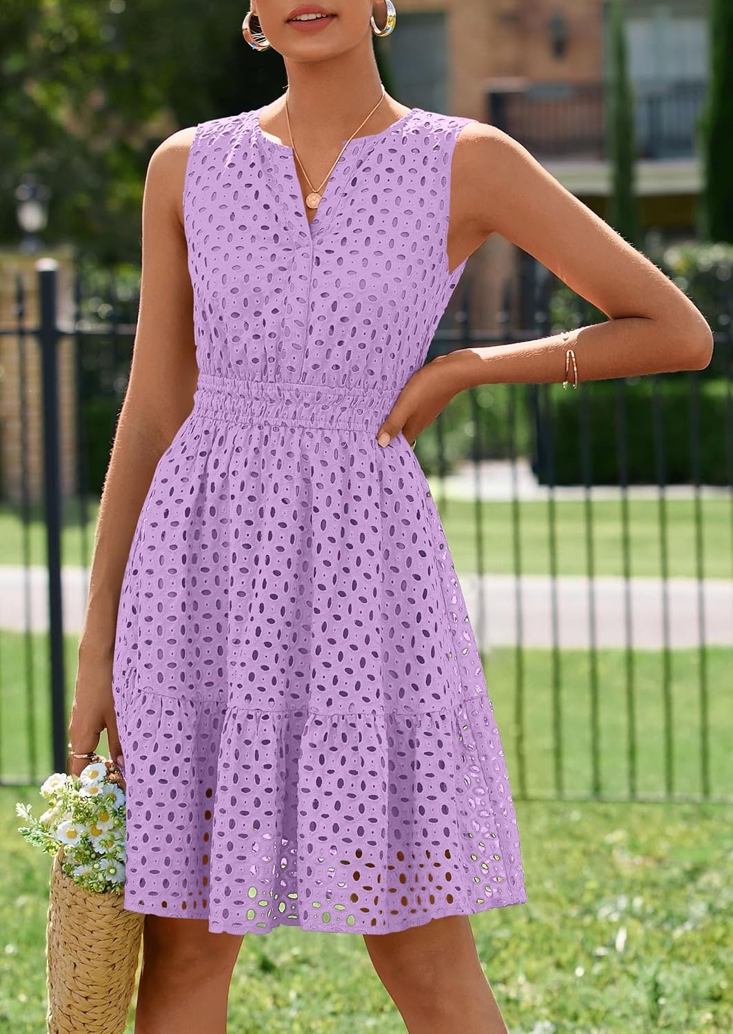 image:imagePRETTYGARDEN Womens Summer Eyelet A Line Short DressesPurple