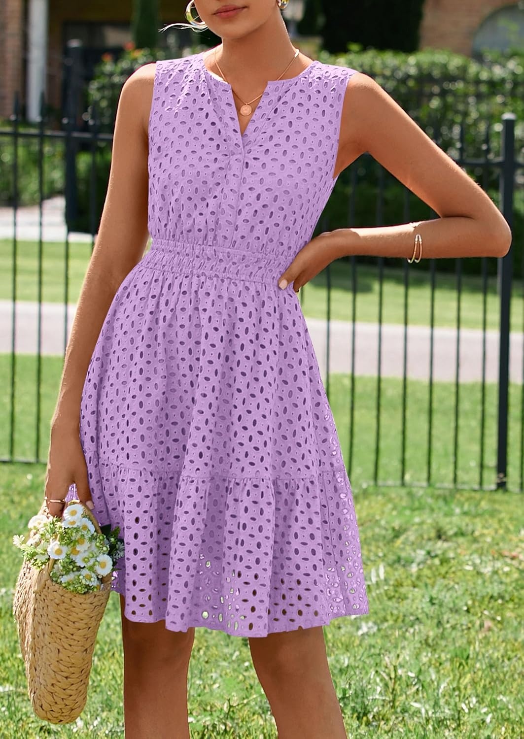 image:imagePRETTYGARDEN Womens Summer Eyelet A Line Short DressesPurple