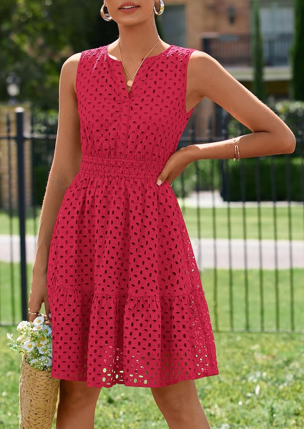 image:imagePRETTYGARDEN Womens Summer Eyelet A Line Short DressesRed