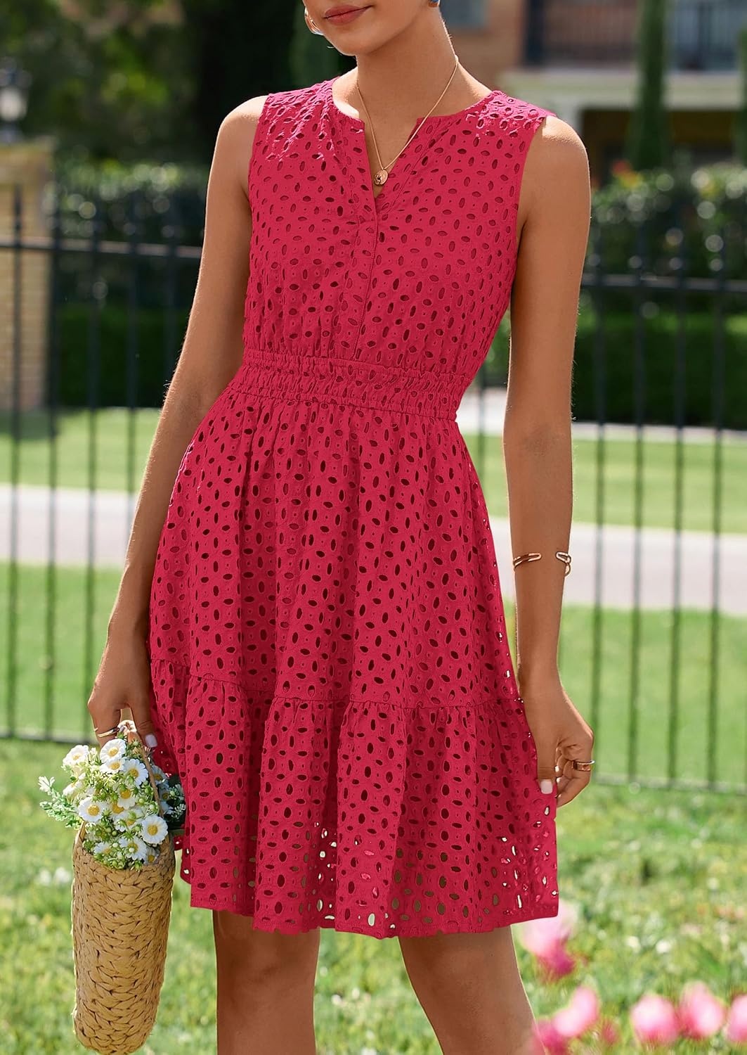 image:imagePRETTYGARDEN Womens Summer Eyelet A Line Short DressesRed