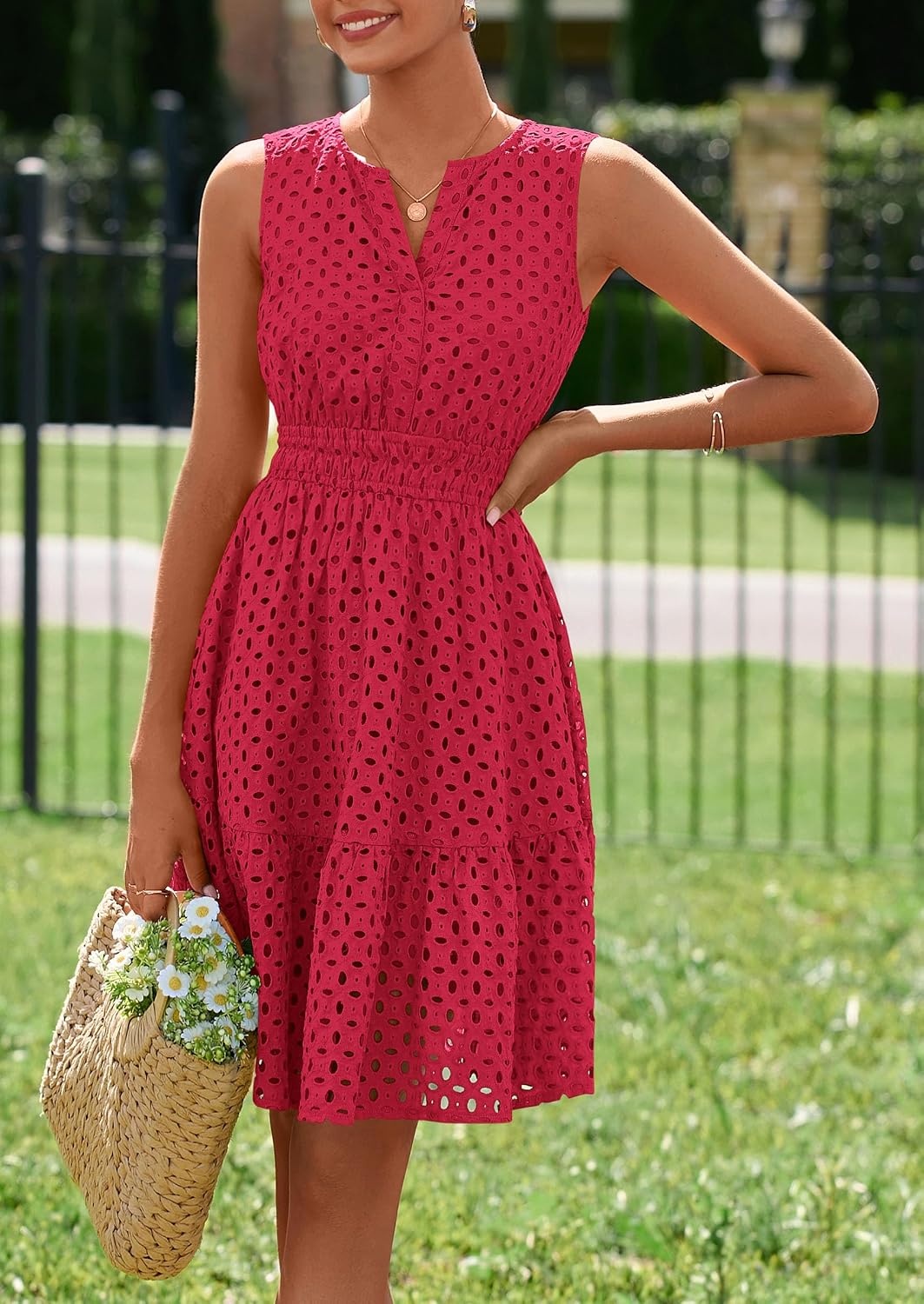 image:imagePRETTYGARDEN Womens Summer Eyelet A Line Short DressesRed