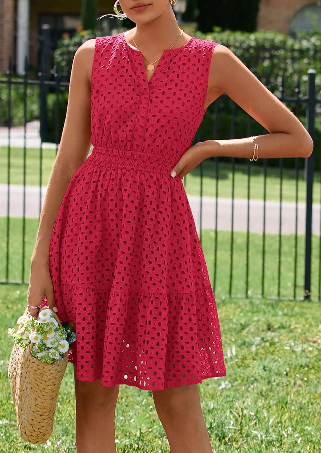image:imagePRETTYGARDEN Womens Summer Eyelet A Line Short DressesRed