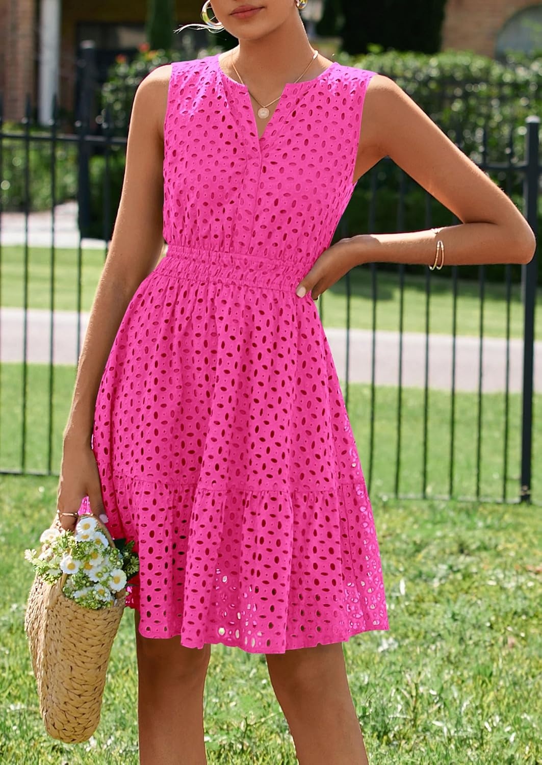 image:imagePRETTYGARDEN Womens Summer Eyelet A Line Short DressesRose Red