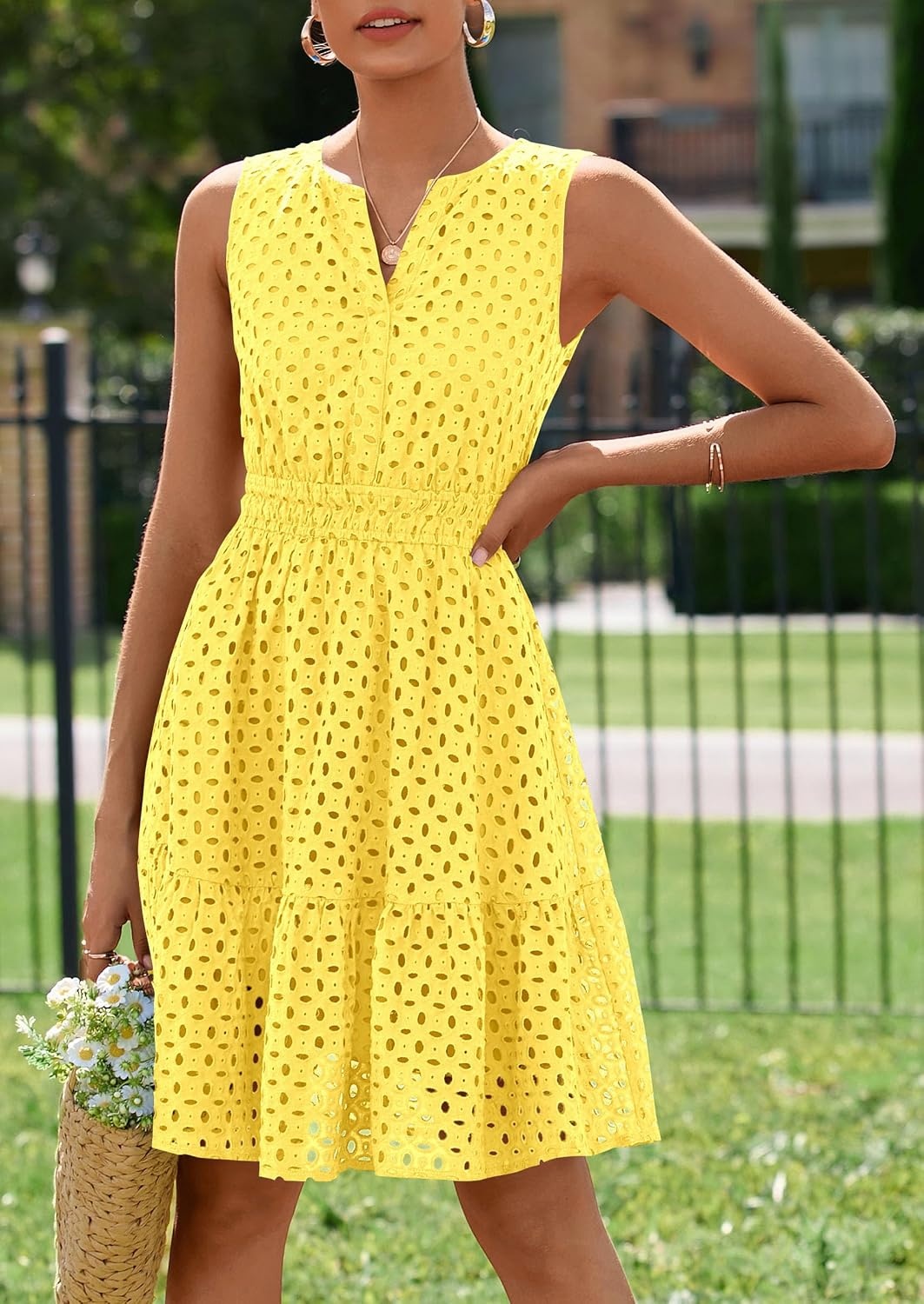 image:imagePRETTYGARDEN Womens Summer Eyelet A Line Short DressesYellow