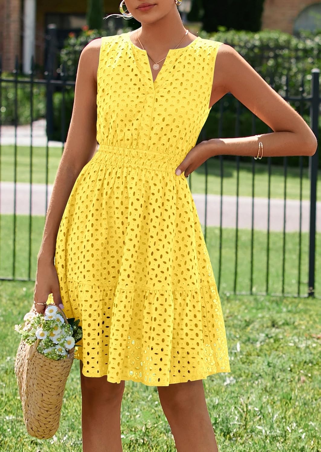 image:imagePRETTYGARDEN Womens Summer Eyelet A Line Short DressesYellow