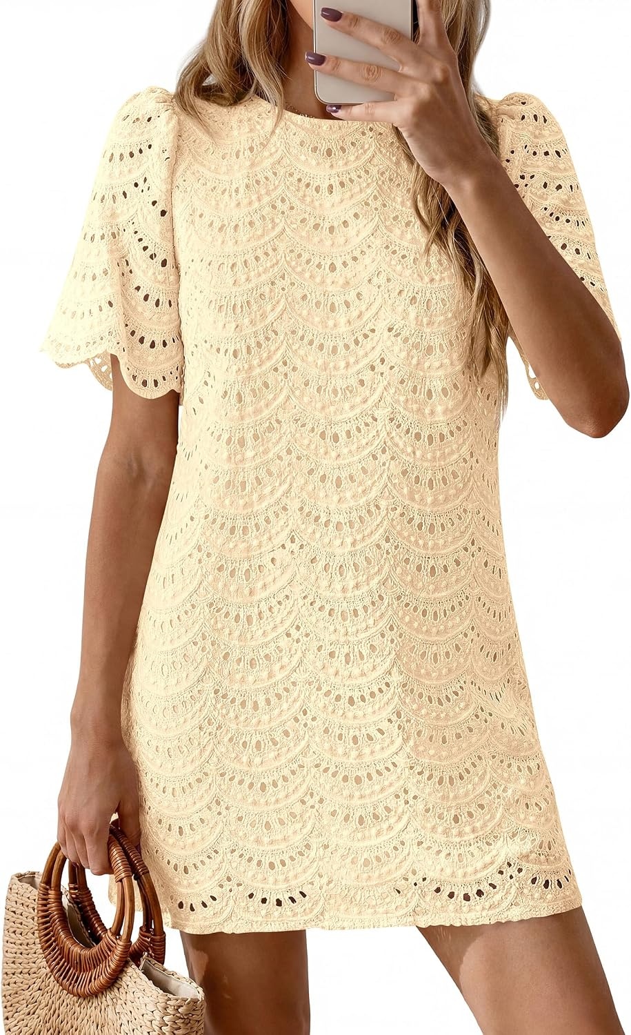 image:imagePRETTYGARDEN Womens Summer Eyelet Lace Short DressBeige