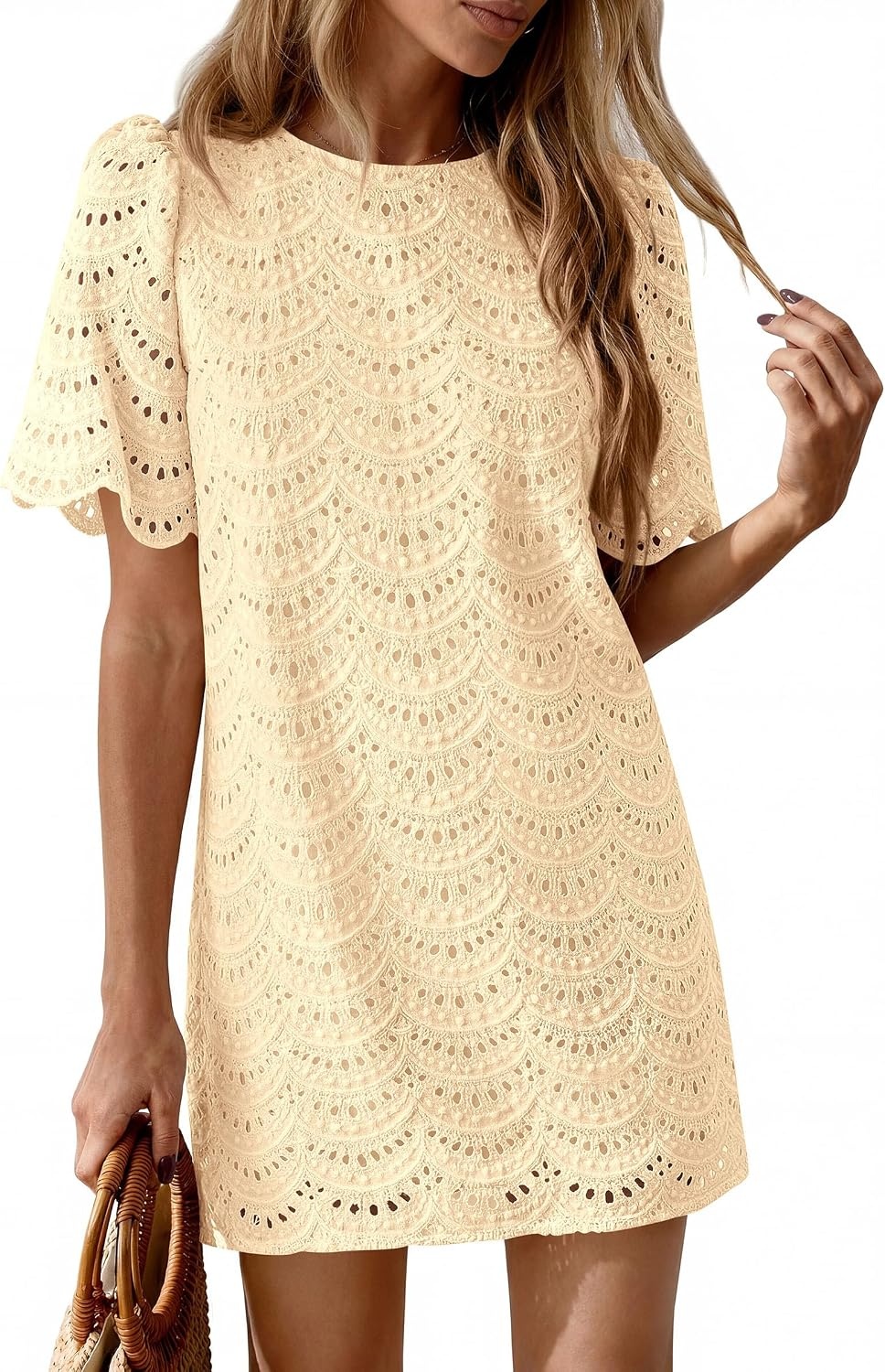 image:imagePRETTYGARDEN Womens Summer Eyelet Lace Short DressBeige