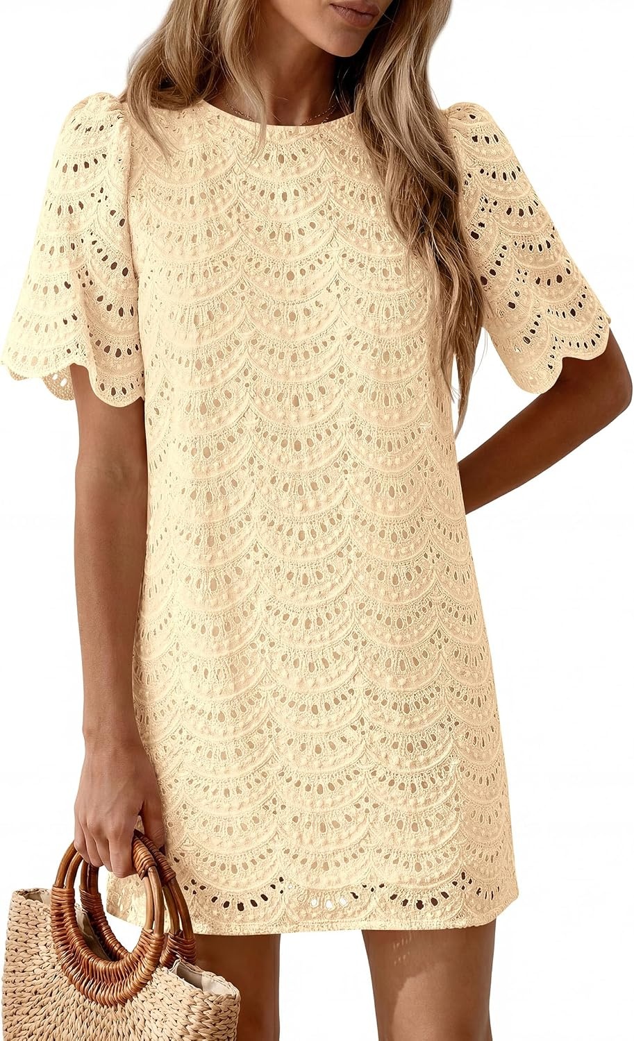 image:imagePRETTYGARDEN Womens Summer Eyelet Lace Short DressBeige