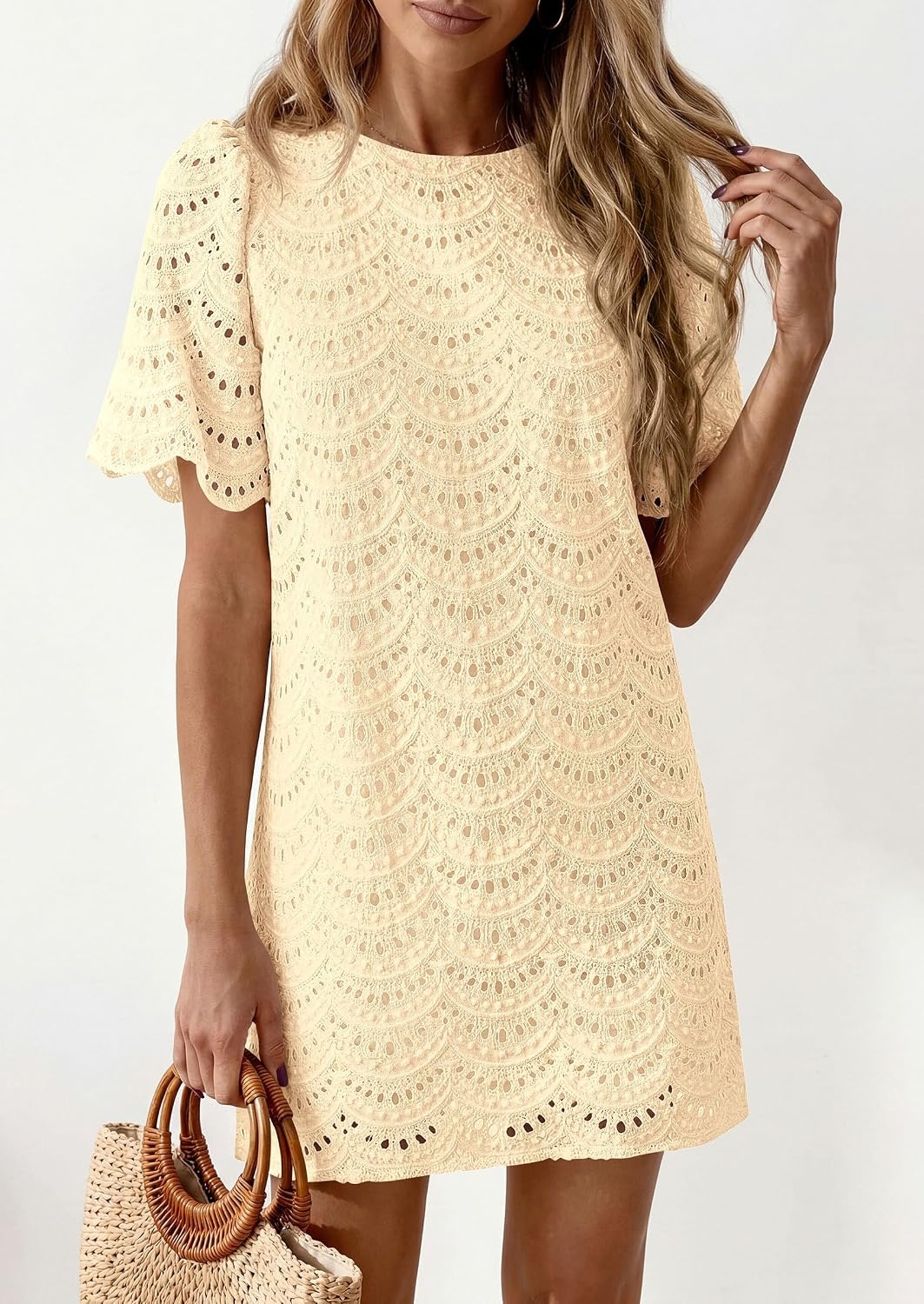image:imagePRETTYGARDEN Womens Summer Eyelet Lace Short DressBeige