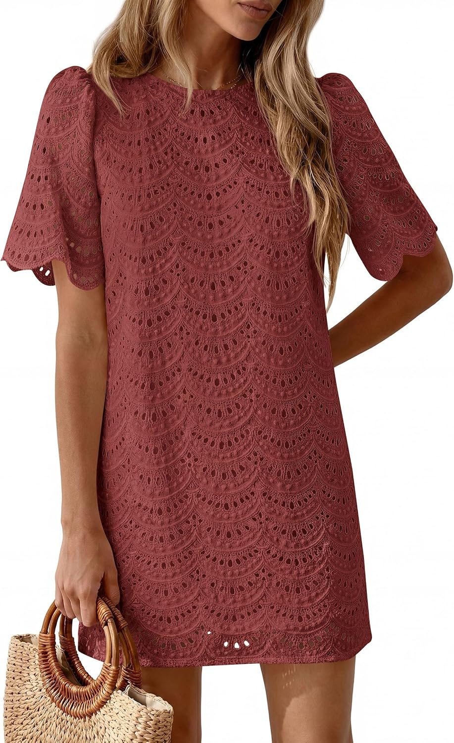 image:imagePRETTYGARDEN Womens Summer Eyelet Lace Short DressBrown Red