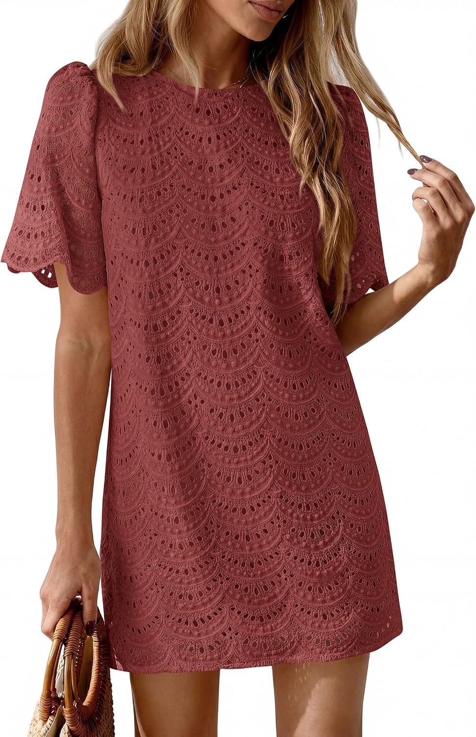 image:imagePRETTYGARDEN Womens Summer Eyelet Lace Short DressBrown Red