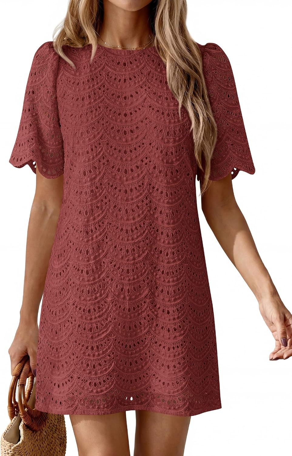 image:imagePRETTYGARDEN Womens Summer Eyelet Lace Short DressBrown Red