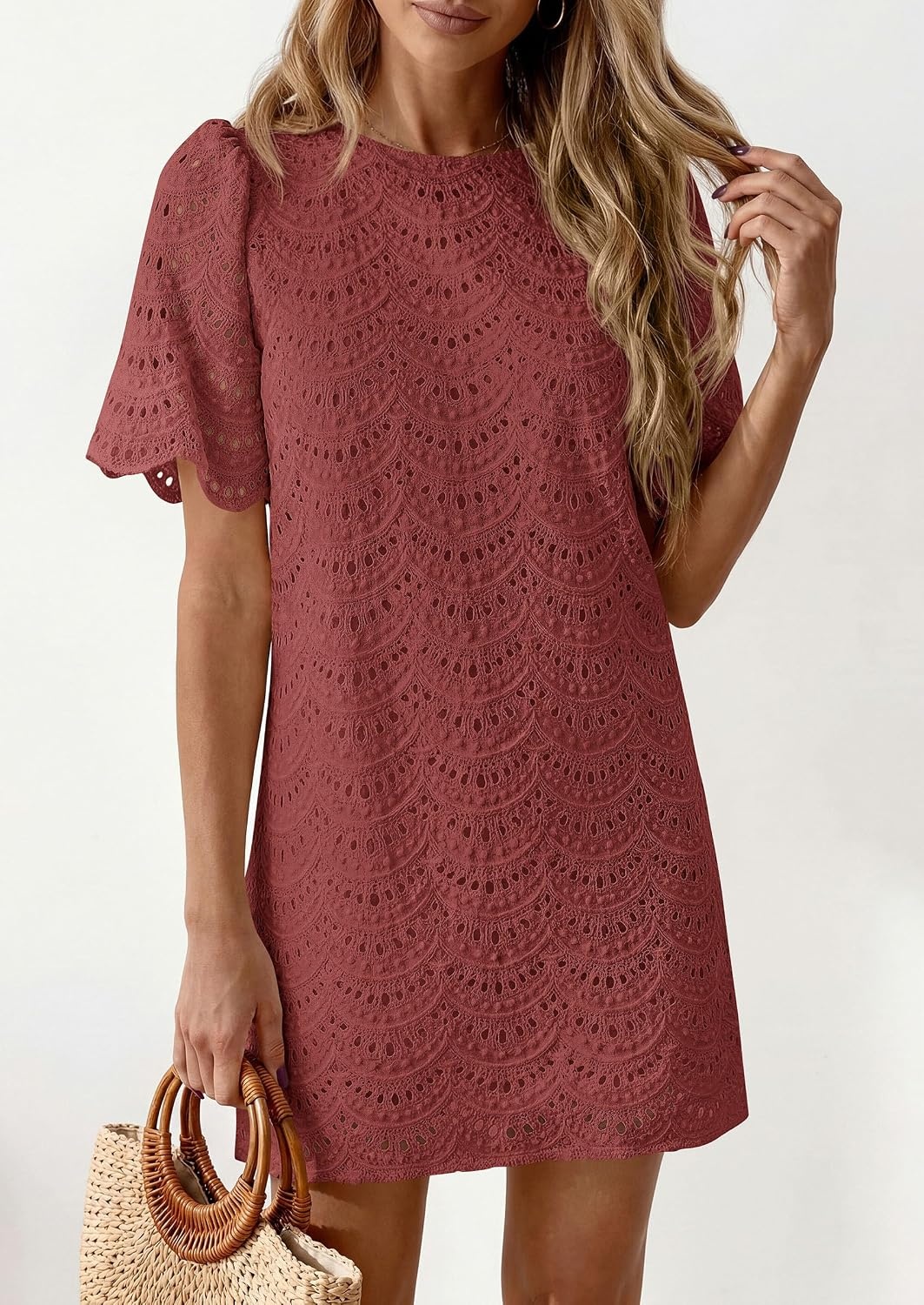 image:imagePRETTYGARDEN Womens Summer Eyelet Lace Short DressBrown Red