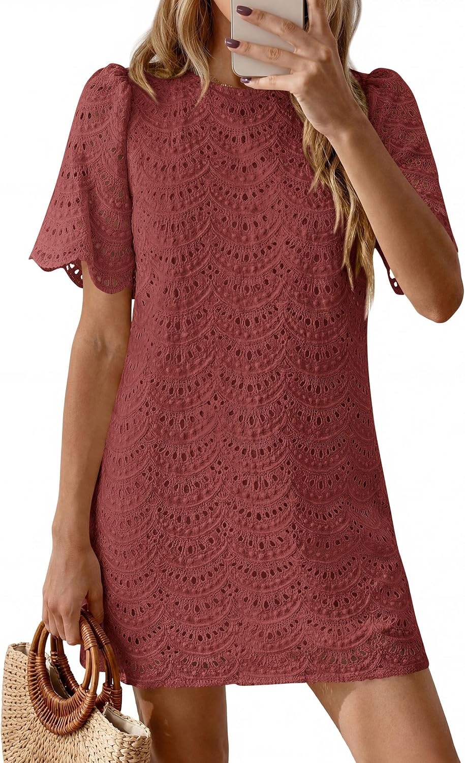 image:imagePRETTYGARDEN Womens Summer Eyelet Lace Short DressBrown Red
