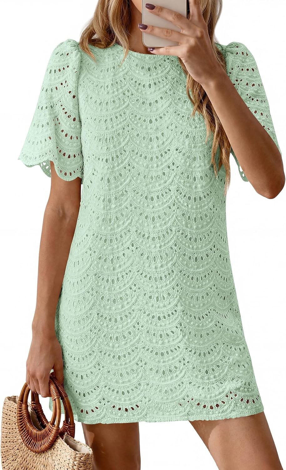 image:imagePRETTYGARDEN Womens Summer Eyelet Lace Short DressLight Green