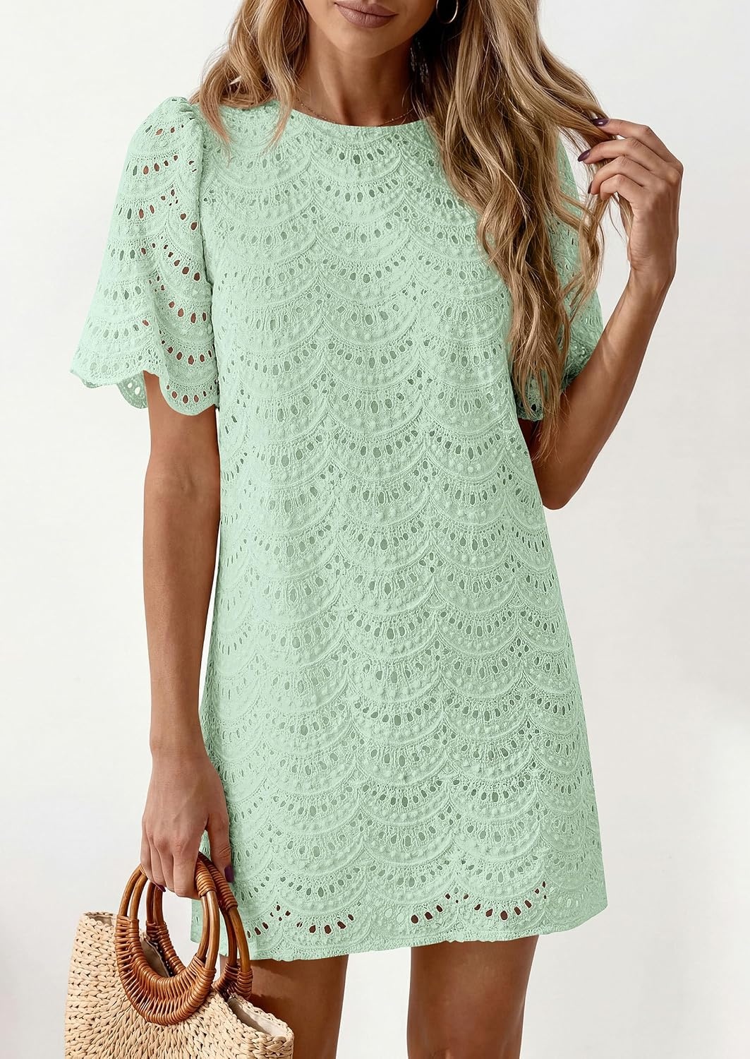 image:imagePRETTYGARDEN Womens Summer Eyelet Lace Short DressLight Green