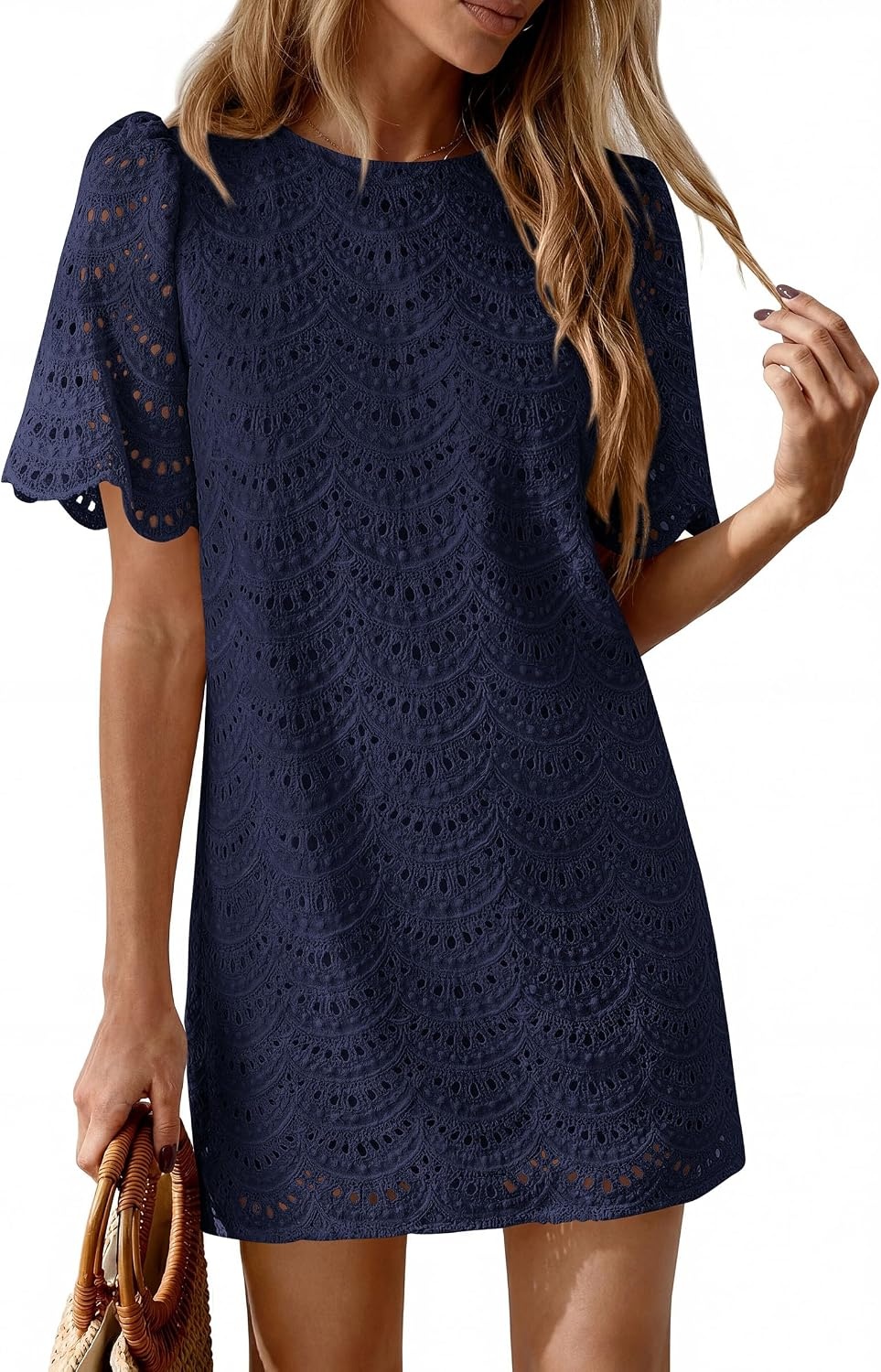 image:imagePRETTYGARDEN Womens Summer Eyelet Lace Short DressNavy Blue