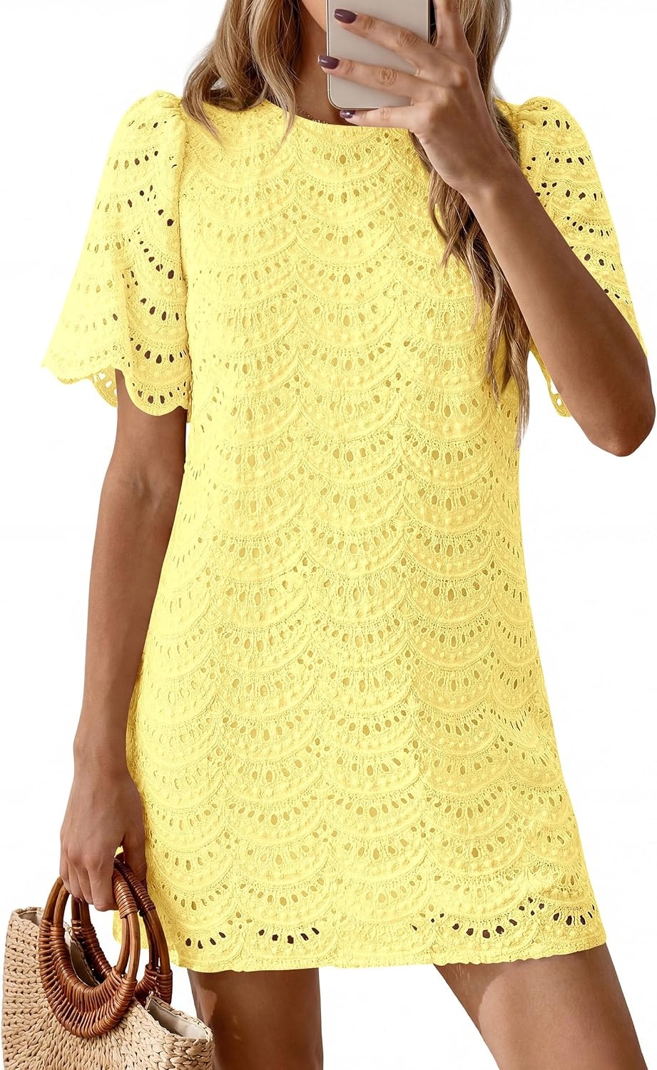 image:imagePRETTYGARDEN Womens Summer Eyelet Lace Short DressYellow