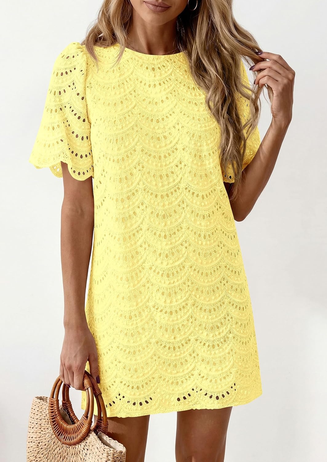 image:imagePRETTYGARDEN Womens Summer Eyelet Lace Short DressYellow